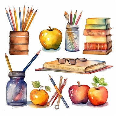 watercolor teacher appreciation related scenes, illustrations clipart set, simple, , cartoon elements ,different variants , school and classroom elements, , separate elements with a margin, ,4k, high resolution