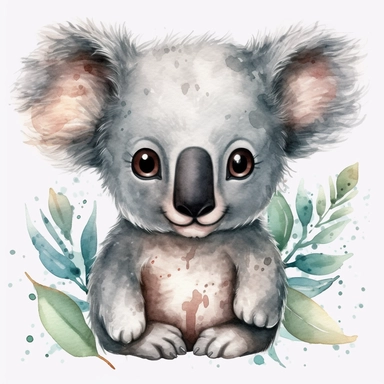 The most cutest cartoon baby koala with big open eyes, clipart, watercolor, dream art, baby animals, vector art, children art, particles around the object, children cartoon, sticker art design, white background,