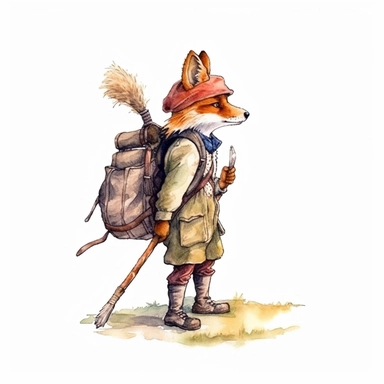 one fox holding a cane and carrying a backpack Watercolor clip art on a white background, in the style of charming character illustrations, realistic brushwork, detailed costumes, adventurecore, cottagepunk, handheld, wallpaper , no watermark, text, 300 DPI , typography, shapes do not stick together, no text in the picture, on a white background