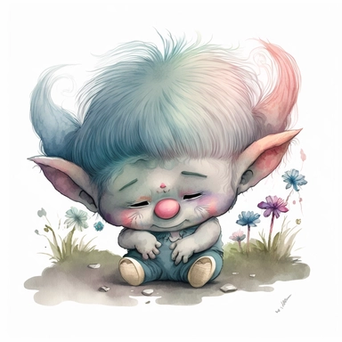 a watercolor clip art character illustration that combines the innocent and angelic expression of Precious Moments with the mischievous and magical attributes of Trolls, comforting another troll character who is feeling sad or down, demonstrating empathy and compassion., white background.
