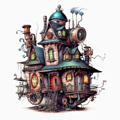 scary horror Steampunk one house Clipart, Retro Futuristic Victorian Era Art, white background