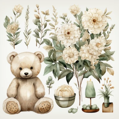 watercolour, baby theme, clipart, soft and muted pastel nuances, boho style, white background