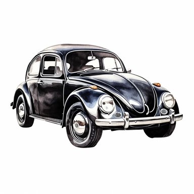 A stylish black and white sketch of a VW Beetle clipart, white background, watercolor drawing
