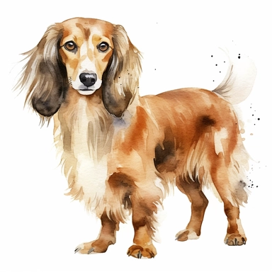 watercolor single clipart of a brown and white long haired dachshund