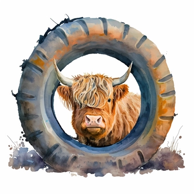 Highland Cow in a tractor tyre, Watercolor, Clipart, Farm Animal, clipart