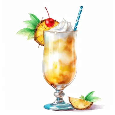 a watercolor clipart of a Pina Colada Cocktail in a hurricane glass on a white background, in the style of realistic watercolor paintings, realistic, detailed rendering