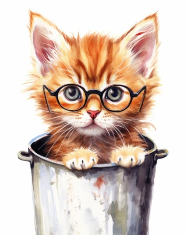 detailed watercolor Kitten in basket with eyeglasses , realistic, isolated on a white background, clipart