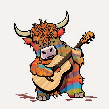 beautiful abstract of a highland cow, playing guitar colourful oil style, no background, black outline, cartoon style, vector illustrations, clipart style