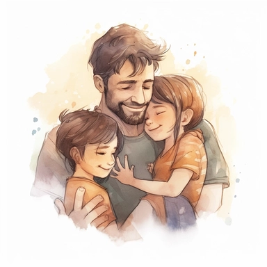 father hugging daughter and boy lovingly, smiling, Watercolor Clipart, HAPPY, strybk, full Illustration, chibi kawaii, sharp focus, watercolor, smooth soft skin, symmetrical, soft lighting, detailed face, concept art, muted colors, watercolor style, strybk, children's style fairy tales, Octane rendering, 3D, Perfect face, detailed face, delicate face, perfect sharp lips, detailed eyes. Craig Davison, Aubrey Beardsley, Conrad Roset, Aikut Aidogdu, Agnes Cecil, 8k