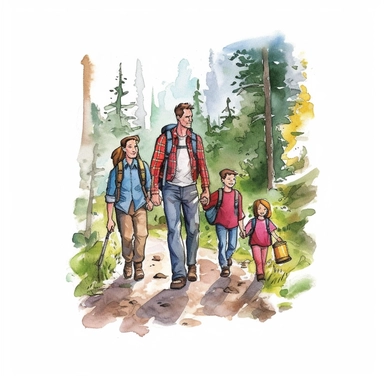 dad hiking in the woods with his family, white background, clip art, watercolor style--q2--v5.1--s1000