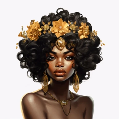 black dark-skin women with big curly flower hair wearing a golden crown staring straight forward with big shiny lips, clip art