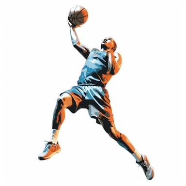 Clipart a basketball player in a jump scores a ball into the basket. On a white background without shadows.