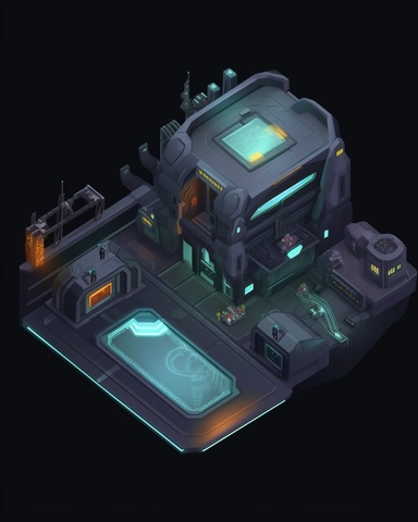 isometric perspective, game sprite, futuristic small spaceship hanger concept, gaming asset, sci-fi, fun, creative, cartoon, clipart, hyper-detailed, black background,