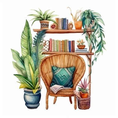 A boho style reading corner with watercolor effect,boho style tools,boho bookcase,feathers,boho style details,boho colors,suitable for digital clipart,white background,boho style green plants