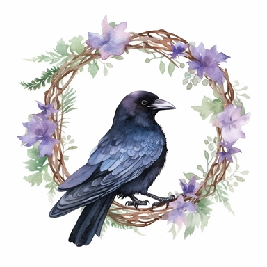 a cute fluffy fat raven on a branch, wreath, in a circle, clipart, white background, watercolor, Art Nouveau, highly detailed