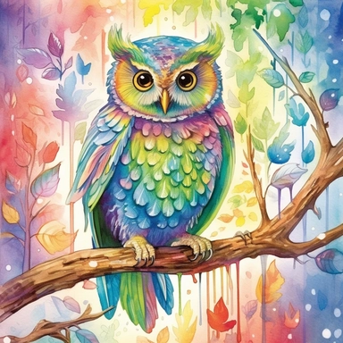 The rainbow holographic owl sits perched on a branch in the heart of a lush forest. The Watercolor Clipart style captures the magical and artsy essence of the scene. watercolor. clipart. watercolor. clipart.The natural lighting highlights the owl's features, casting dappled shadows on its feathers and the surrounding branches. The colors used in the scene are mystic and mesmerizing, with shades of blue, purple, and green blending seamlessly to create a dreamy atmosphere. A rainbow effect adds a 