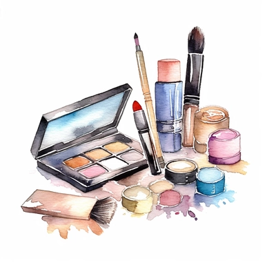 Beauty cosmetic watercolor clipart with soft colors on a white background, featuring a range of makeup items such as lipstick, eyeshadow palette, mascara, and makeup brushes, executed in a delicate watercolor style with pastel hues,