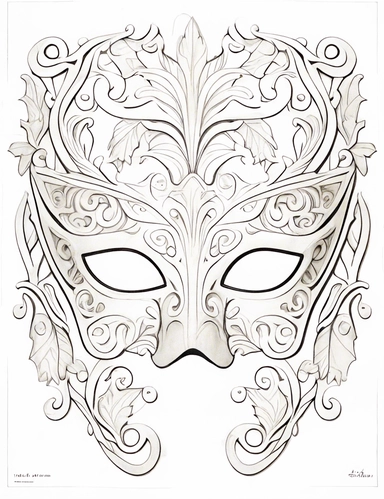 ornate white coloring page of a white masquerade mask with intricate cut-outs, delicate linework, simplified line work, free brushwork, 15th century vintage masquerade for adults black and white drawings, in the style of tanya shatseva, in the style of fantasy illustrations, in the style of fantasy illustrations, in the style of art nouveau-inspired illustrations, in the style of intricate pen drawings, in the style of intricate linework, in the style of detailed linework, kinuko y. craft, luca 