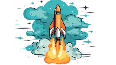 launch rocket clipart illustration of rocket launch, in the style of futuristic sci-fi aesthetic, uhd image, colorized, light orange and sky-blue, rtx on, #screenshotsaturday, saturno butto