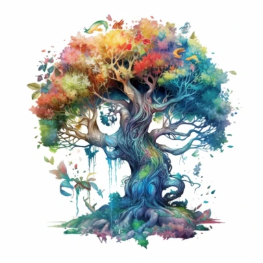 watercolor fantasy tree clipart, where the intricate details and vibrant colors bring to life a whimsical forest filled with magical creatures and hidden wonders, imposing figure, white background, 8k