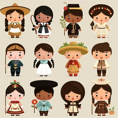 simple, traditional costumes, local foods, and animals, diverse characters, educational, history, and cultural diversity, clipart style, cute, picture book style, captivating, kid friendly cute character, black and white, coloring book style, cartoon style, vector image, simple, line art style, character, white background