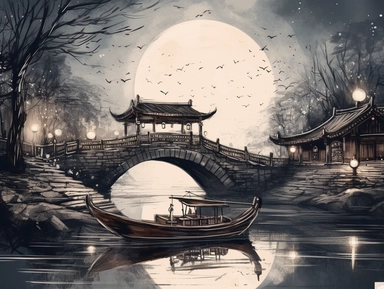 cold moonless winter night, A Chinese style wooden boat moored next to a stone arch bridge at night in ancient China, quiet night, soft illumination, Impressionism, Traditional Chinese Ink painting, Clipart, no background, trending in Artstation