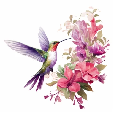A whimsical hummingbird hovers near a cluster of vibrant fuchsia flowers, its iridescent feathers shimmering in the sunlight of the Spring garden, ,clipart, on a white background.