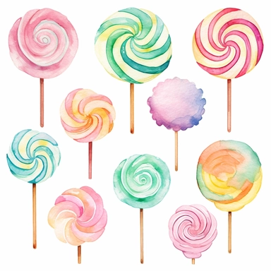 watercolor rainbow spiral lollipop clipart, in pastel pink, pastel bue and pastel mint green, simple handpainted designs, soft harmonious colors, style cute s 900