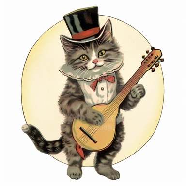 Vintage 1920 Kitten Looking Happy Wearing a Tophat and Playing a Banjo Illustration, Chromolithograph, 1920s Illustration, Vintage, Chromolithograph, Colorful, Antique, Ephemera, Clipart, 8k, Isolated on white