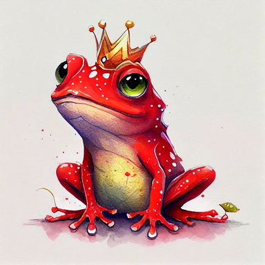 funny red rubby with diamond crown shine color, magic frog with funny dots, cartoon style, white background, black outside lines, designs, white background, watercolor pencil drawing, small details, digital art, clipart, super acurate, –testp, pixar,