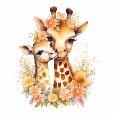 Cute floral illustration, realsitic adorable baby Giraffe hugging his mom happy clipart, nursery style clipart, Nursery Animals Art, Kids Wall Art, Kids Room Decor, Baby Room Decor, isolated on white, ultra - detailed, high quality, ghibli style, award winning