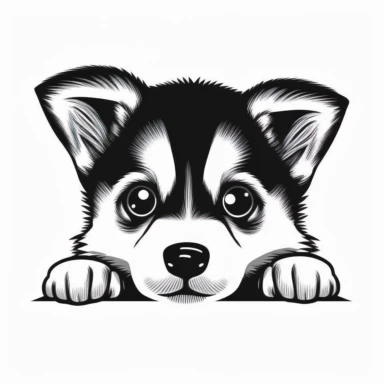 simple outline of a front facing Siberian Husky puppy head peeking with front paws, cute, clipart, flat 2d vector, minimalist, black and white, kids cartoon, svg cut file, line art drawing