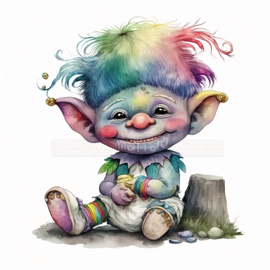 a watercolor clip art character illustration that combines the innocent and angelic expression of Precious Moments with the mischievous and magical attributes of Trolls, engaging in a fun outdoor activity, white background.