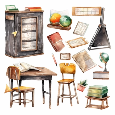 watercolor clipart school blackboard, class room desk, hight quality white background