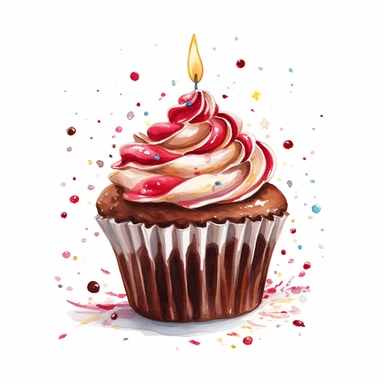 watercolor clipart image, chocolate cupcake with red candle, white background