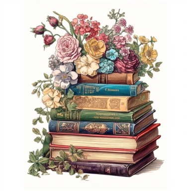 Clipart, vintage books, floral, hyper detailed, hyper realistic, marsh pastel, victorian era, watercolor, fantasy, amazing colour compilation, countrycore, romantic colors, white background,