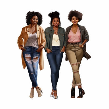 Full body, three full-figure African-American women with brown skin, streetwear, clipart style, white background, highly detailed, very attractive, glamorous, make up beautiful, gorgeous, glowing, happy, smiling