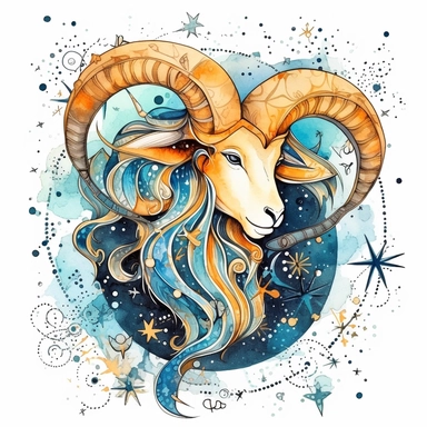 Clipart Capricorn zodiac sign ,stars, whimsical watercolor and fineliner ink,white background, transparent background hyper details, contour, vector