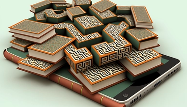 simple clipart pattern of books to cell phone, mc escher,