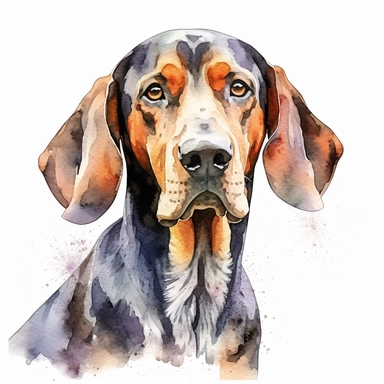 american english coonhound watercolour painting realistic yet stylized, digitally enhanced, clipart, 32k uhd, detailed crosshatching white background