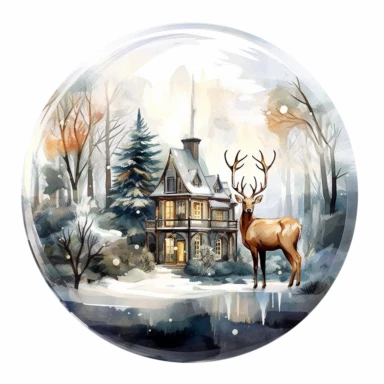 one transparent clipart stock of glassy house on a white background, with deer and snowman, in the style of botanical watercolors, spherical sculptures, frostpunk, miniature dioramas, luminous 3d objects, dark white and bronze, nature-inspired pieces , no watermark, text, 300 DPI , typography, shapes do not stick together, no text in the picture, on a white background