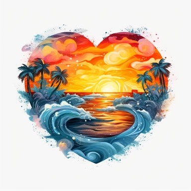 Watercolor Beach Sunsets Background, spiral heart shape (full shape, not cut), PNG Clipart, Illustration clipart, 4K, extremely detailed Sublimation Clipart,Cartoon,hyper realistic, intricate detail, illustration style,high solution,on the white background