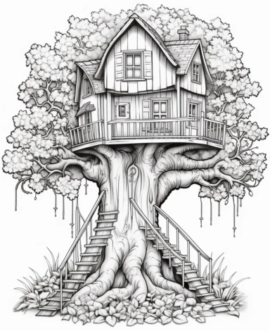 Coloring page for children, outlines only, no colors, black outlines, simple whimsical fantasy fairy tree house in a magical world setting, flowers, realistic stairs, cottagecore, clear picture, clear lines, entire illustration with white space around, clipart