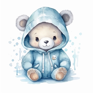 a cute adorable toy teddy baby bear boy, with a happy smile, in a sitting pose, wearing a light blue dotty hooded sweater, kawaii simple watercolor clipart, white background