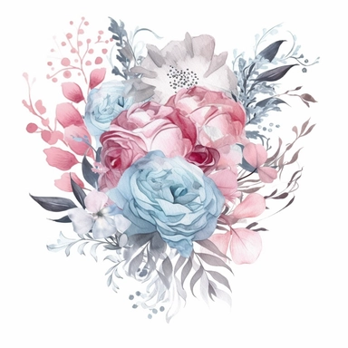 minimalistic and filigree watercolor clipart of a beautiful Dreamy soft pink and light blue flower arrangement for wedding cards, white background, seperated