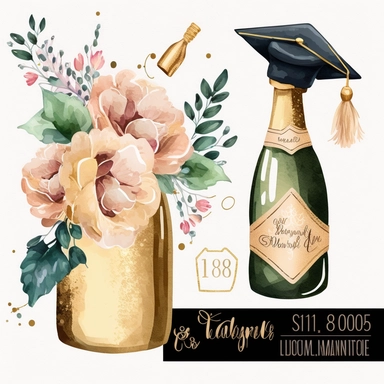 Champagne Bottle Gold Graduation Cap Watercolor College High School Graduation Clipart Flowers Graduate Gift Commercial Use Illustration PNG
