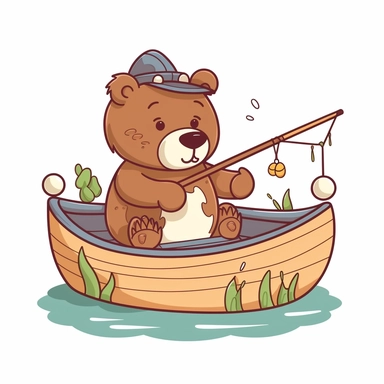 A cute cartoon bear fishing. He is in a boat. In the style of 2d clipart, thick outlines, white background ,--ar 4:3