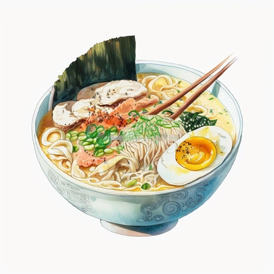 an bowl of japanese ramen, anime art, authentic ramen, watercolor, white background, clipart