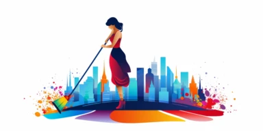 a maid with a mop, cleaning up colorful location data spilled on the floor, location icons are everywhere, clipart, vector graphic, very low detail, in the style of minimalist illustrator, white background