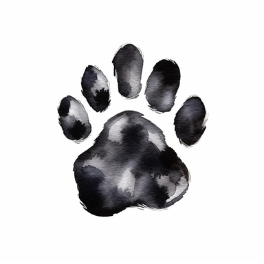 Watercolor black Dog or cat paw, Clipart hd, isolated on white background